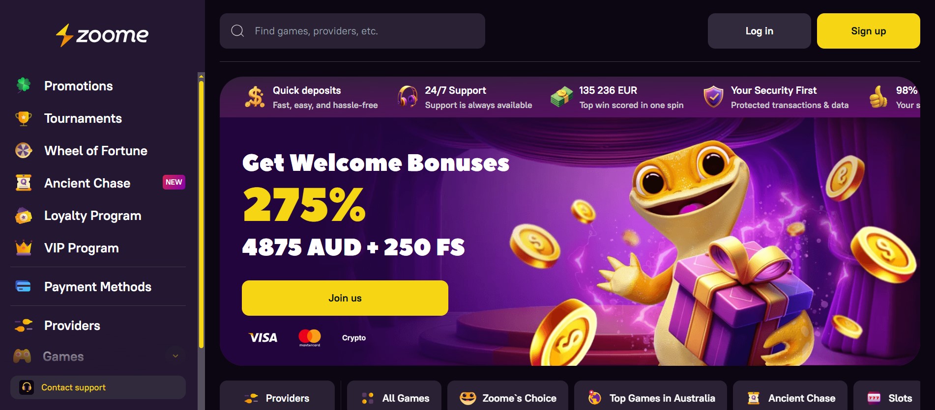 Zoome Casino homepage
